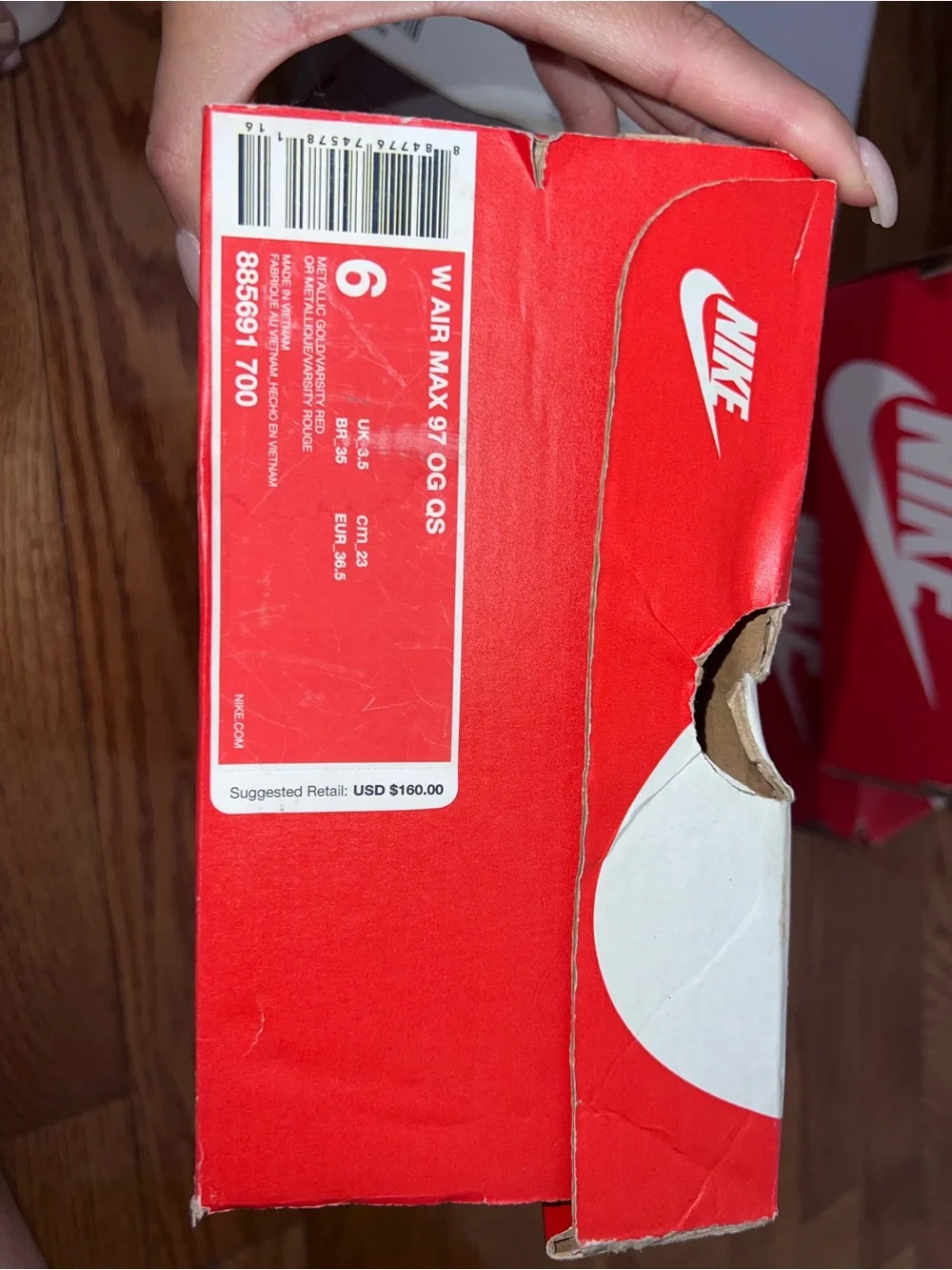Nike Air Max 97 Gold White Black with Red Swoosh